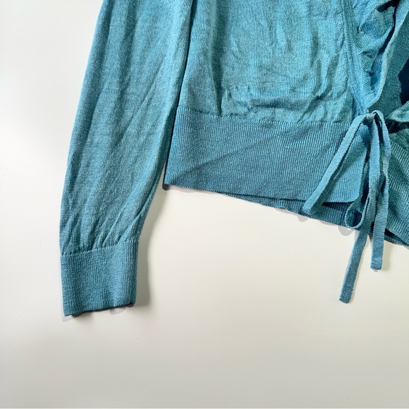 Lafayette 148 linen tie front ruffle trim lightweight cardigan cropped knit S - Picture 3 of 11